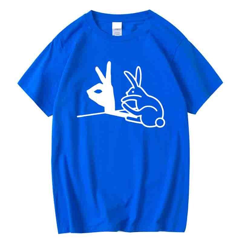 Men's Casual Summer High-quality 100% Pure Cotton Cool Rabbit Gesture Print Loose Round Neck T-shirt Street Short Sleeved Shirt