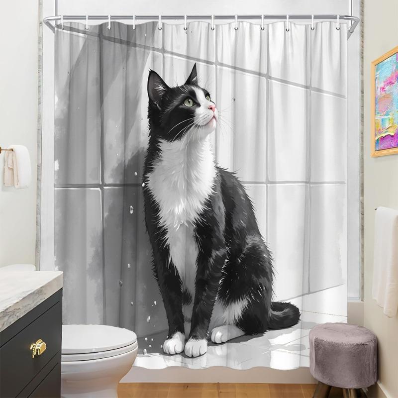 1Pc Black White Cat Shower Curtain Monochrome - With Hooks Waterproof Mildew Proof Easy Install Washable