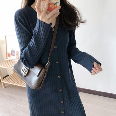 Simple and Versatile V-neck Knitted Dress for Women's Autumn and Winter New Loose and Thin with Coat Backing Sweater Skirt