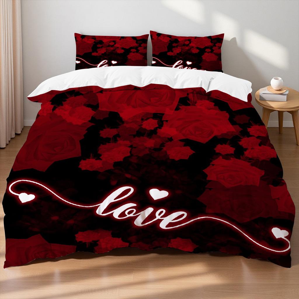 3pcs Valentine'S Day Romantic Rose Love Letter Pattern Duvets Cover Set,valentines Day Heart Shape, Marble Pattern Funy Decor