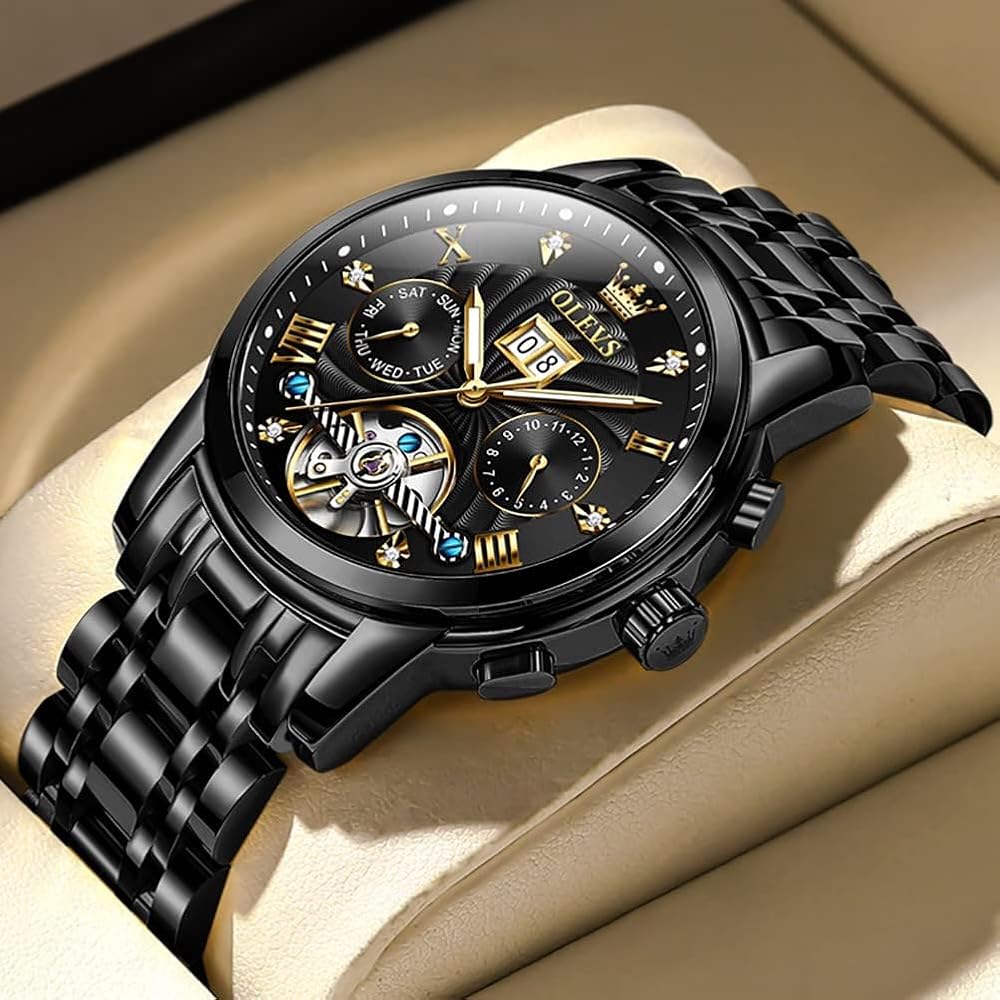 OLEVS Men's Automatic Skeleton Watch Black Waterproof Date Luminous Business Fashion Wristwatch