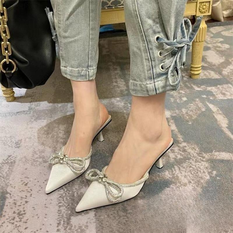 Thin-heeled Mid-heeled Mid-toe Semi-female Rhinestone Pointed-toe Shoes High-heeled Flip-flops