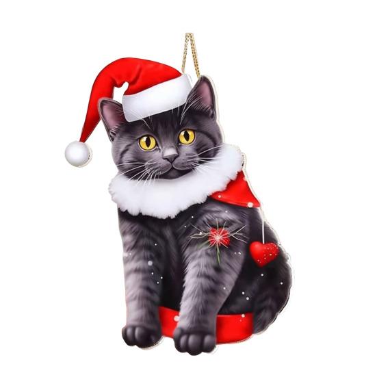 Christmas Cat Ornament Cartoon Cat with Santa Hat Pendant 2D Flat Acrylic Christmas Tree