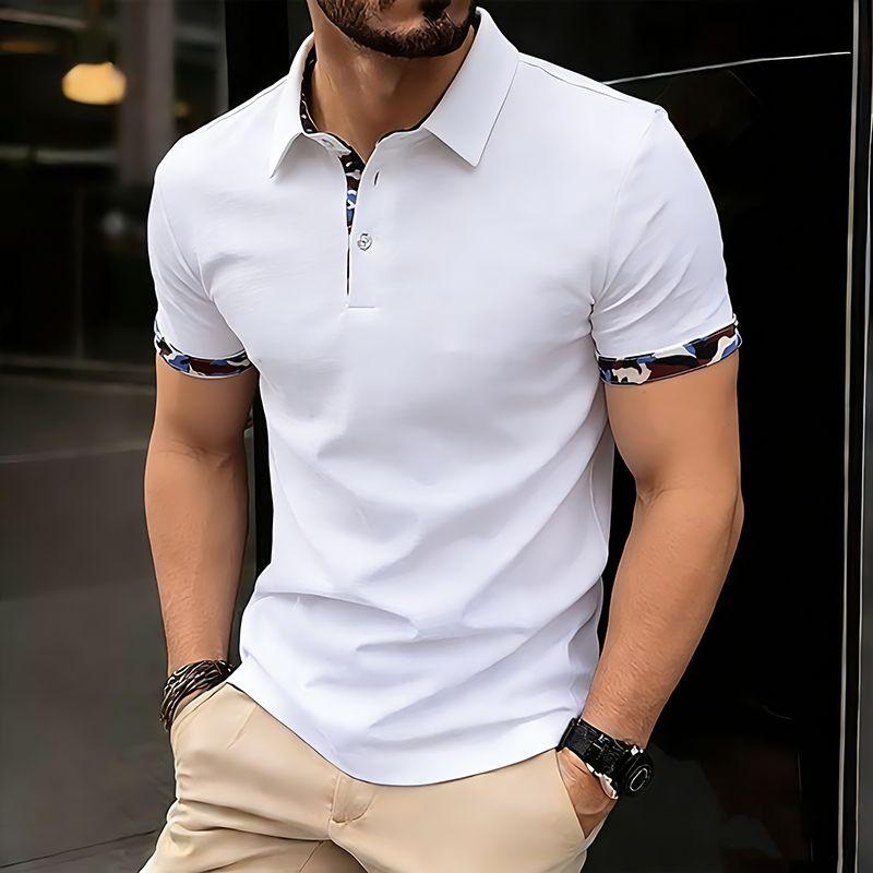Summer Men's Solid Color Splicing Polo Shirts Short Sleeve Breathable Casual Contrast Color Lapel Collar Streetwear Basic Tops