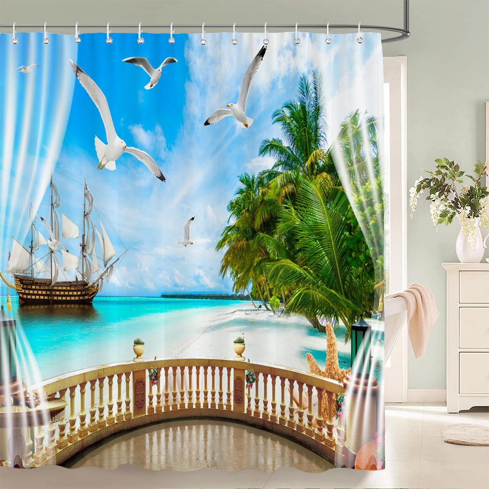 Outside the Window Seaside Scenic Beach Shower Curtains Bathroom Curtain Frabic Waterproof Bath Curtains for Bathroom 180x180cm