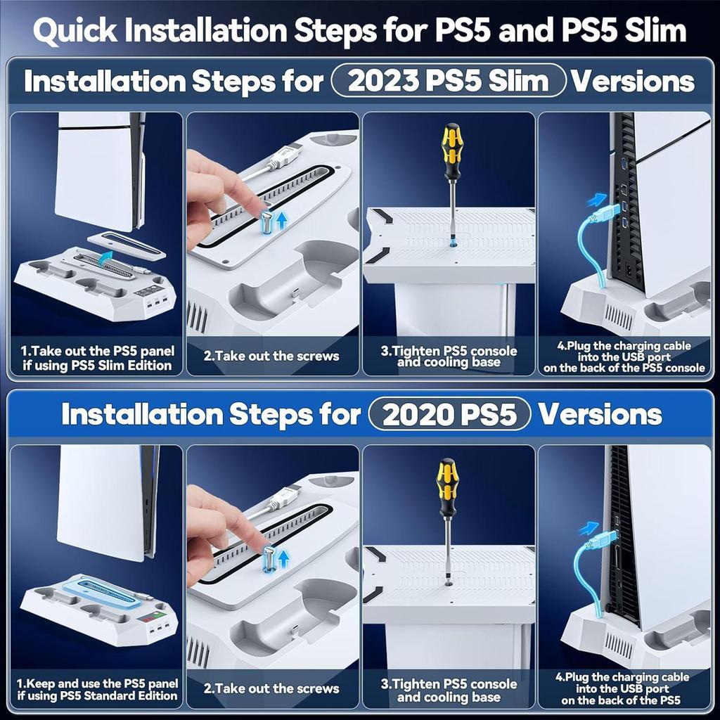 PS5 Pro/Slim Cooling Fan Base & Dual Controller Charging Station