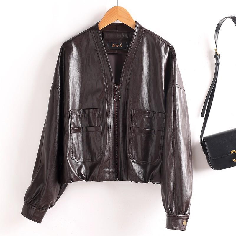 Womens Soft Lamb Leather POLO Collar Jacket Casual Outerwear Slim Fit Lightweight Coat