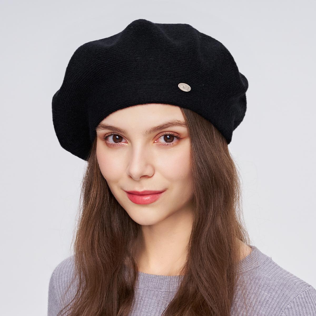 Женский берет, вязаная шерстяная шапка, осенне-зимняя, теплая, с защитой ушей, шерстяная шапка и блестящим украшением из стразов One Size чёрный
