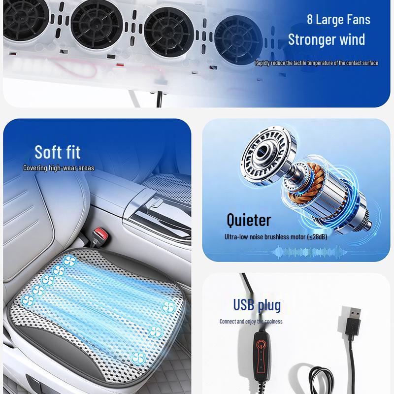 Summer Cool & Ventilated Car Seat Cushion with USB Fan - Ice Silk Breathable Pad for Heat Dissipation