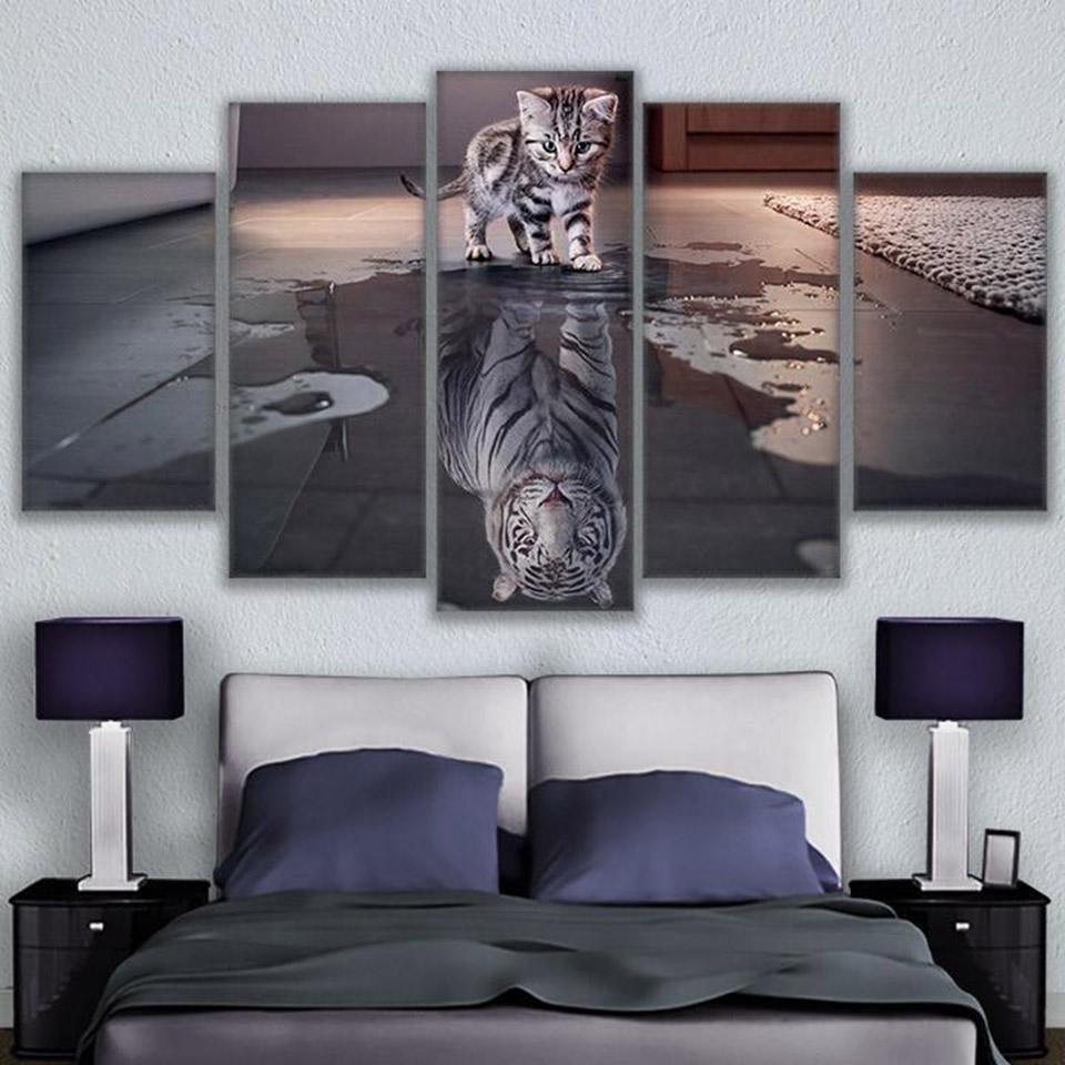 Wandkunst für Wohnzimmer, Nordische Dekoration, 5-teiliges Gemälde, Tier Katze Neue Leinwand, Tiger Modulares Bild, Poster