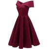 Kadın Vintage Düşük Omuz Bardot Midi Balo Elbise Saten Patenci Midi Klasik Küçük Siyah Elbise Akşam Parti Kokteyl Düğün Konuk Günü Kıyafeti