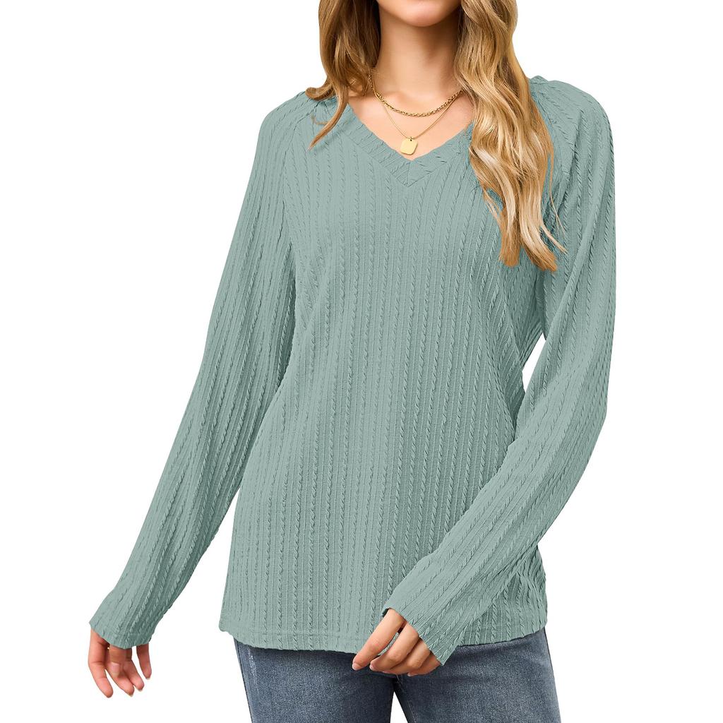 Women's Fashionable Solid Color V Neck Long Sleeved Casual Pullover T-shirt Top