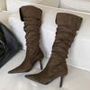 Eilyken Sexy Thin High Heels Pointed Toe Women Knee-High Boots Designer Winter Pleated Turned-over Egdes Banquet Prom Shoes