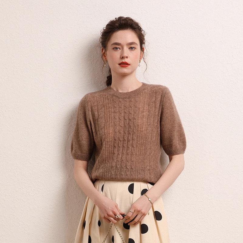 Le Kasha 2026 Autumn/Winter Women's Cashmere Cable Knit Short Sleeve Sweater - Skin-Friendly, Round Neck, Versatile, Thick.