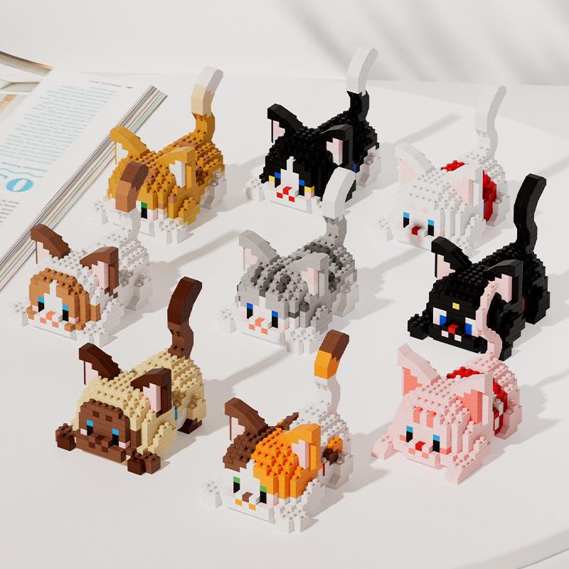 Orange Silver Shaded Cat Micro Blocks - Educational Kitten Toy Compatible with LEGO