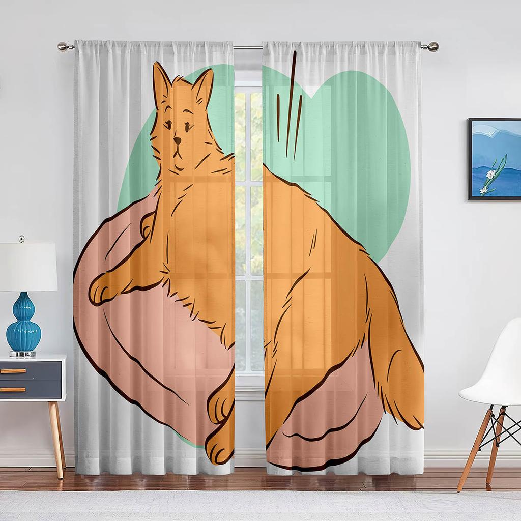 Cartoon Cat Reading Book Pink Sheer Voile Curtain Kawai Animal Window Tulle Curtains for Living Room Kids Bedroom Kitchen Decor