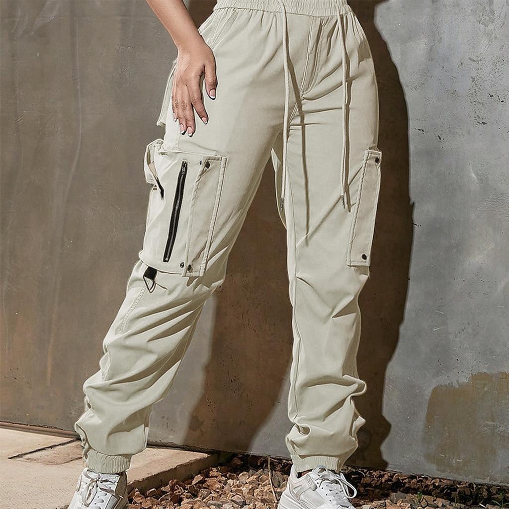 Women's Solid Color Work Pants, Sports Pants, Functional Pants, Pocket Drawstring Casual Pants