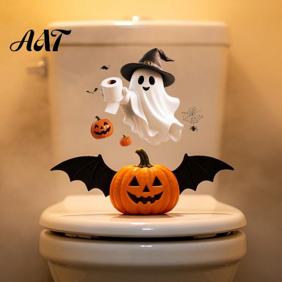 Creepy Halloween Toilet Decorations Sticker, Ghost And Skeleton Print Decals, Waterproof PVC Easy Lid Covers Peel Stick Spooky Stickers, for Bathroom