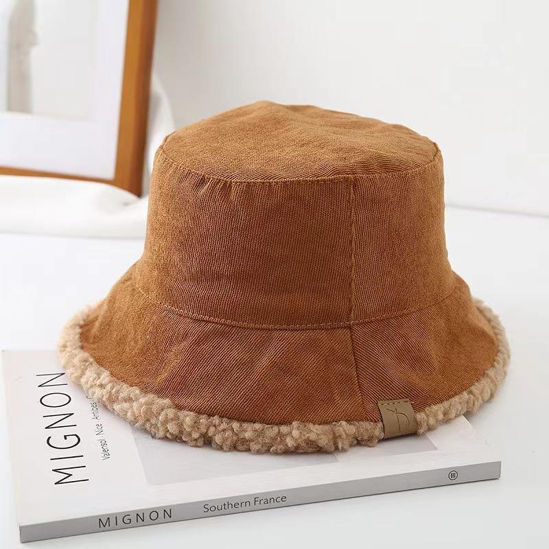 Women's PVC Lamb Fleece Double-Sided Fisherman Bucket Hat Autumn Winter Thickened Warm Windproof 6-Panel
