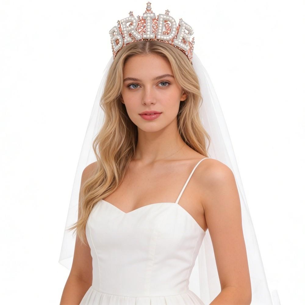 Wedding Decoration White Pearl Letter Crown Shiny Bride Tiara Zinc Zinc Alloy Rhinestone Headband Wife Gift