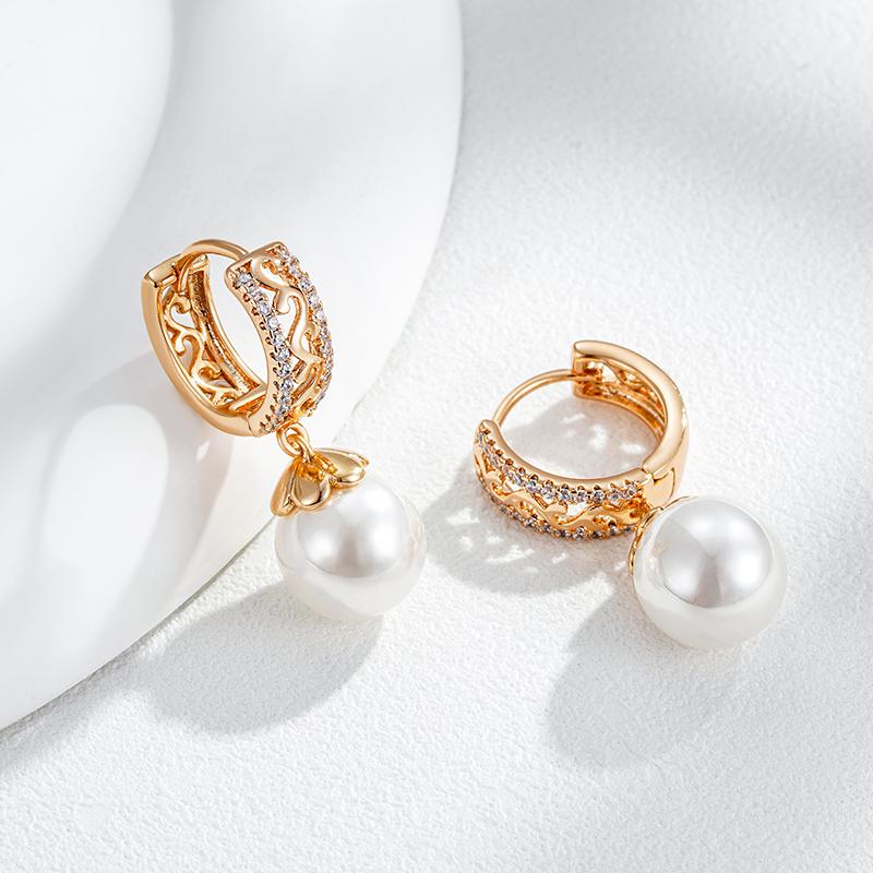 Luxury  Rose Gold Color Pearl Drop Earrings For Women Unique Hollow Pattern Natural Zircon Bridal Wedding Fine Jewelry