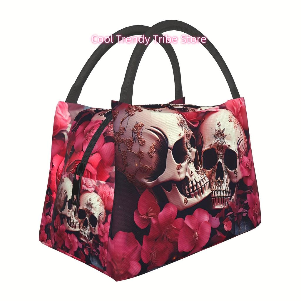 1pc Skull, Red Flower, Halloween, Portable Reusable Cooler Bag, Cooler Bag, Insulated Lunch Bag for Camping Picnic Beach Essenti