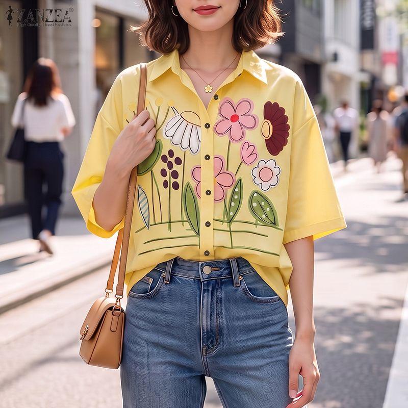 ZANZEA Women Casual Turn Down Collar Floral Print Loose 3/4 Sleeve Blouse