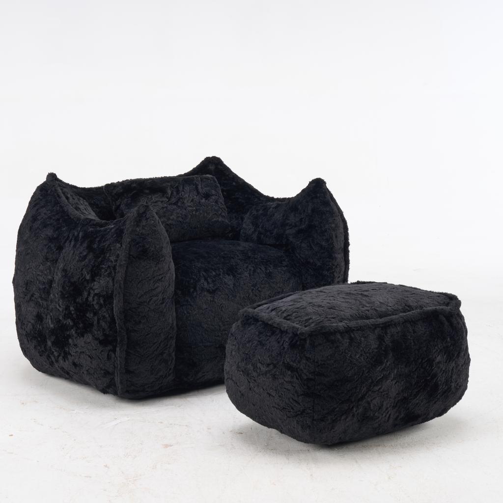 Giant Bean Bag Chair for Adults &Kids Faux Fur Sofa Chairs with Pillow &Ottoman, Comfy Reading & Gaming Beanbag Couch for Bedroom Living Room, Black