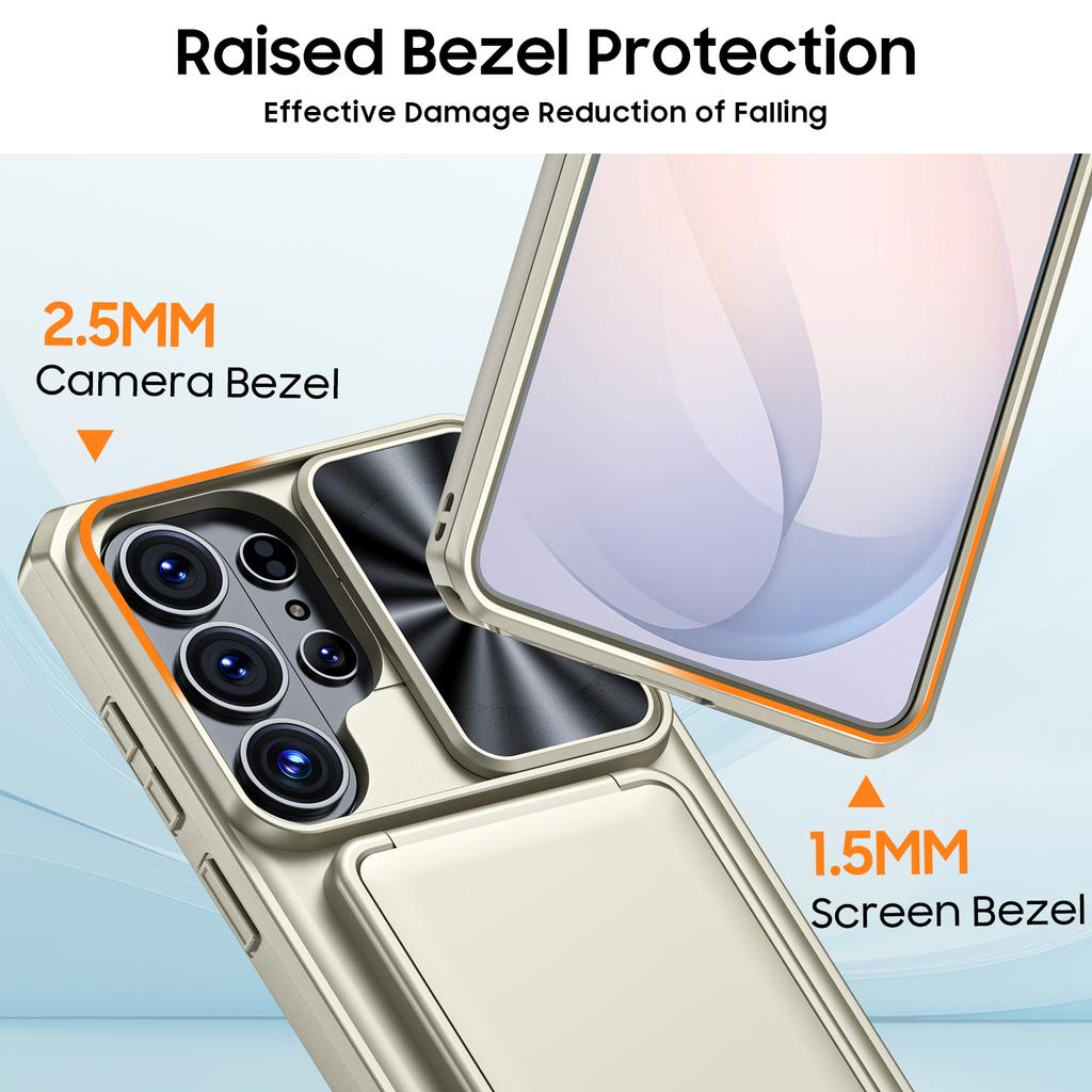 With Card Holder Sliding Camera Cover And Stand For Samsung Galaxy S26 Ultra Phone Case, Anti-Fall PC+TPU Wallet Case-Champagne