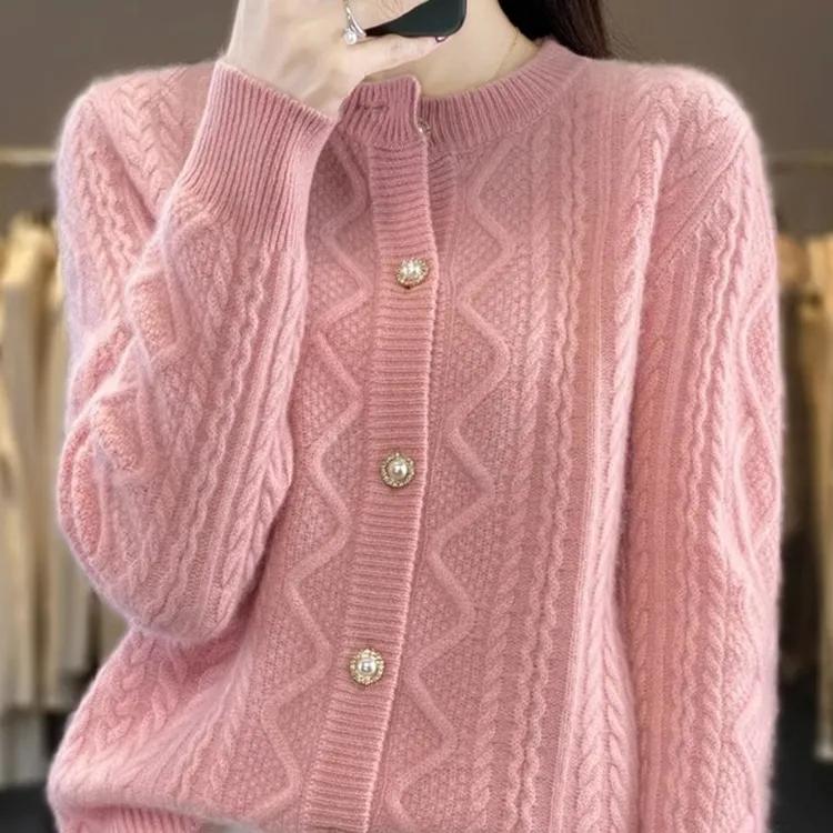 Women's Autumn/Winter Crew Neck Long Sleeve Knit Cardigan Solid Color Soft-Tone Button-Front Sweater