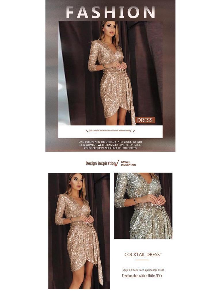 Sexy Long-Sleeve Sequin V-Neck Tie-Up Dress