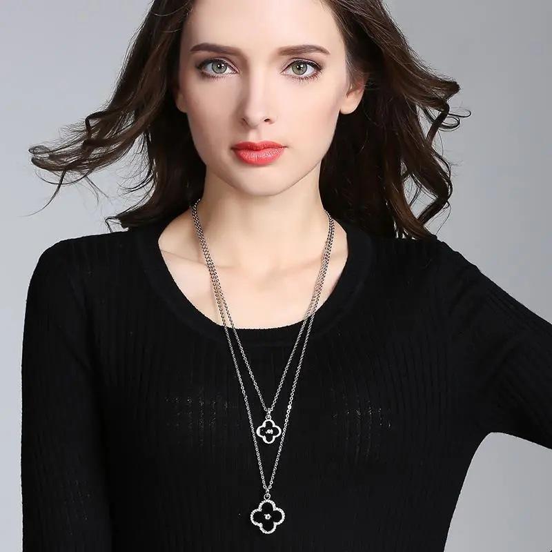 JMXD Black Clover Sweater Necklace Long Elegant Celestial Pendant Chain Women Dainty Minimalist Jewelry Gift for Her