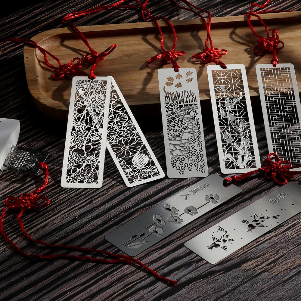 Metal Hollow Bookmarks Chinese Style Red Knot Creative Book Clip Stainless Steel Pagination Mark Calligraphy Painting Kids Gift