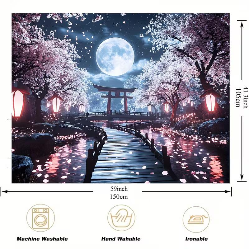 2D Magical Japanese Night Tapestry Cherry Blossom & Torii Gate Under Full Moon Wall Art