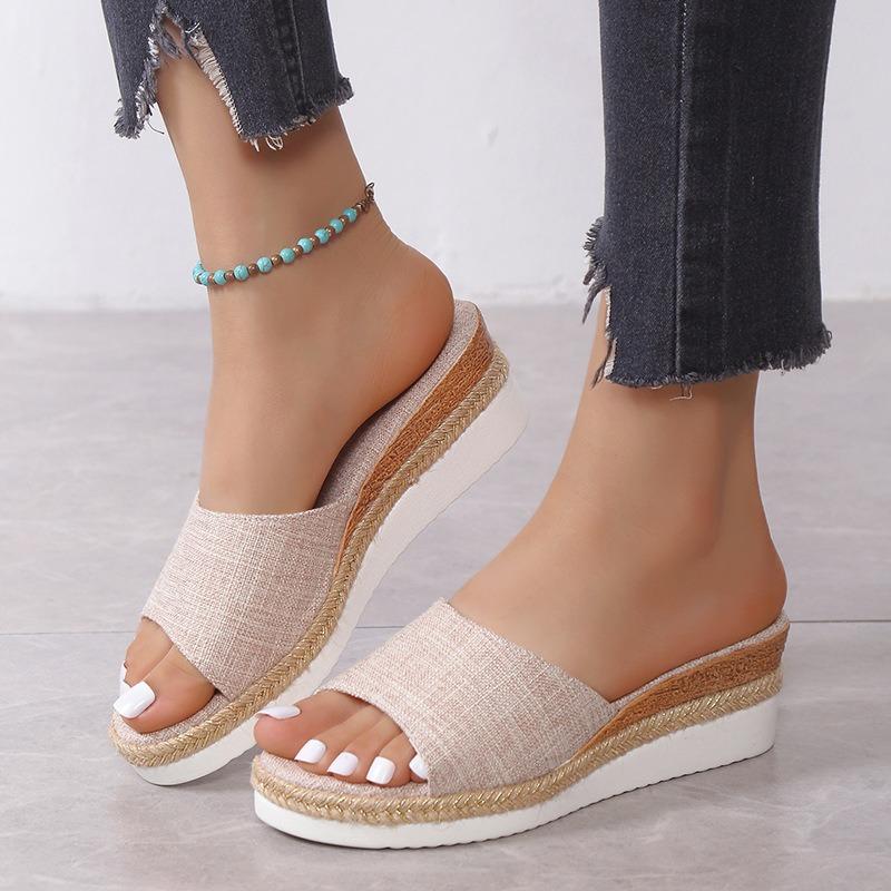 Summer new plaid women's sandals wedge heel 35-42 large size open-toed women's slippers, women's shoes