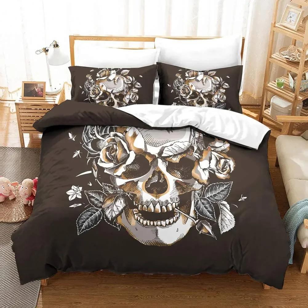3D Sugar Skull Comforter Cover Set Twin Size Flowers Print Bedding Set Black Microfiber Polyester Duvet Cover Set