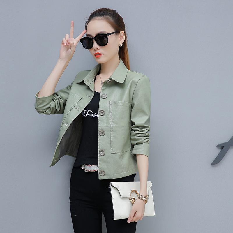 

Женская короткая куртка из искусственной кожи, весенне-осенняя свободная модная мотоциклетная кожаная куртка с длинными рукавами M зелёный