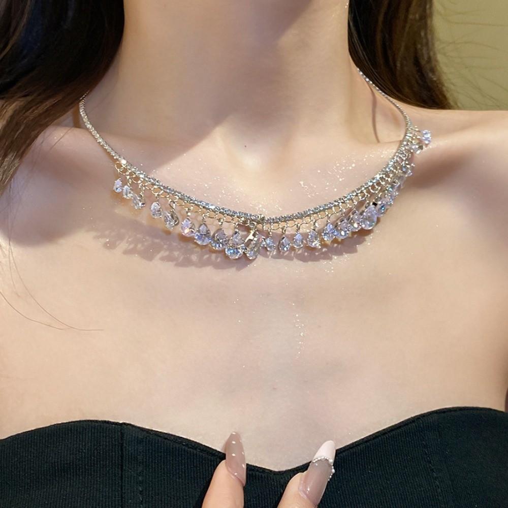 Shining Bridal Tassel Necklaces Crystal Neck Chain Choker Water Drop Rhinestone Jewelry Women