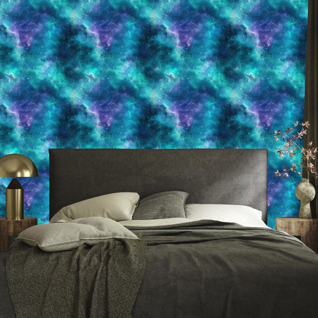 Watercolor Galaxy Wallpaper Turquoise, Blue and Navy Blue 50x1000