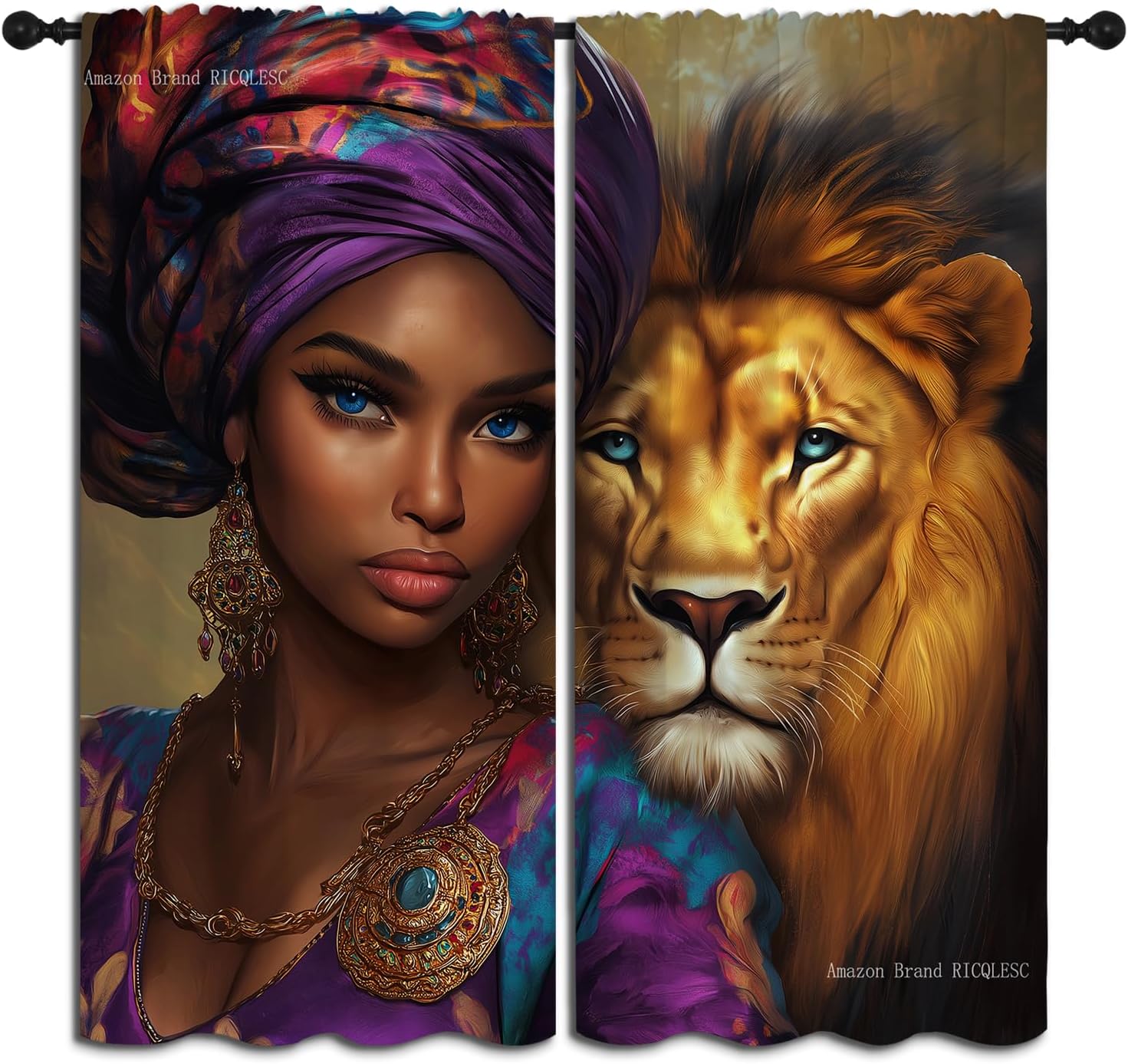 

Cheetah Black Women Boy Girls Curtains Jungle Hunting Wild Animal African American Panel Thermal Insulated Curtain Room Darkening Polyester With Rod W100*H130(CM)-Hooks&2PCS