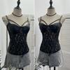 American Spicy Girl Lace PU Leather Patchwork See-Through Camisole with Chest Pads and Shirred Back Top