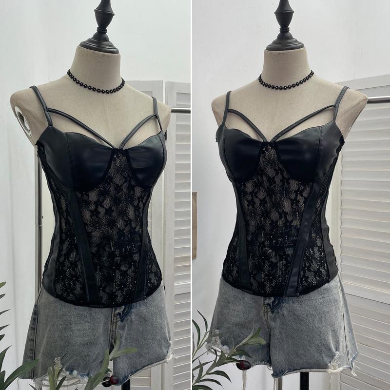 American Spicy Girl Lace PU Leather Patchwork See-Through Camisole with Chest Pads and Shirred Back Top