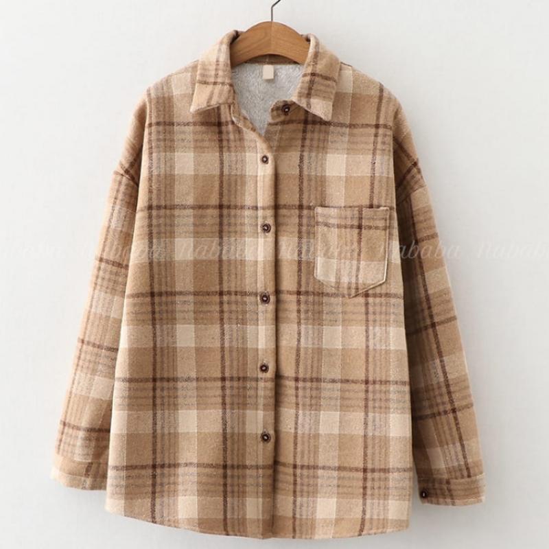 Navava Women Thick Fleece Check Long Sleeve Shirt Nb2386