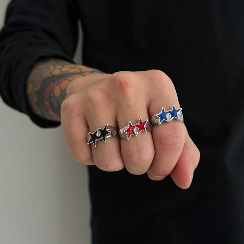Vintage Black Drip Oil Pentagram Star Open Rings for Women Men Hip Hop Rock Metal Star Adjustable Couple Rings Zircon