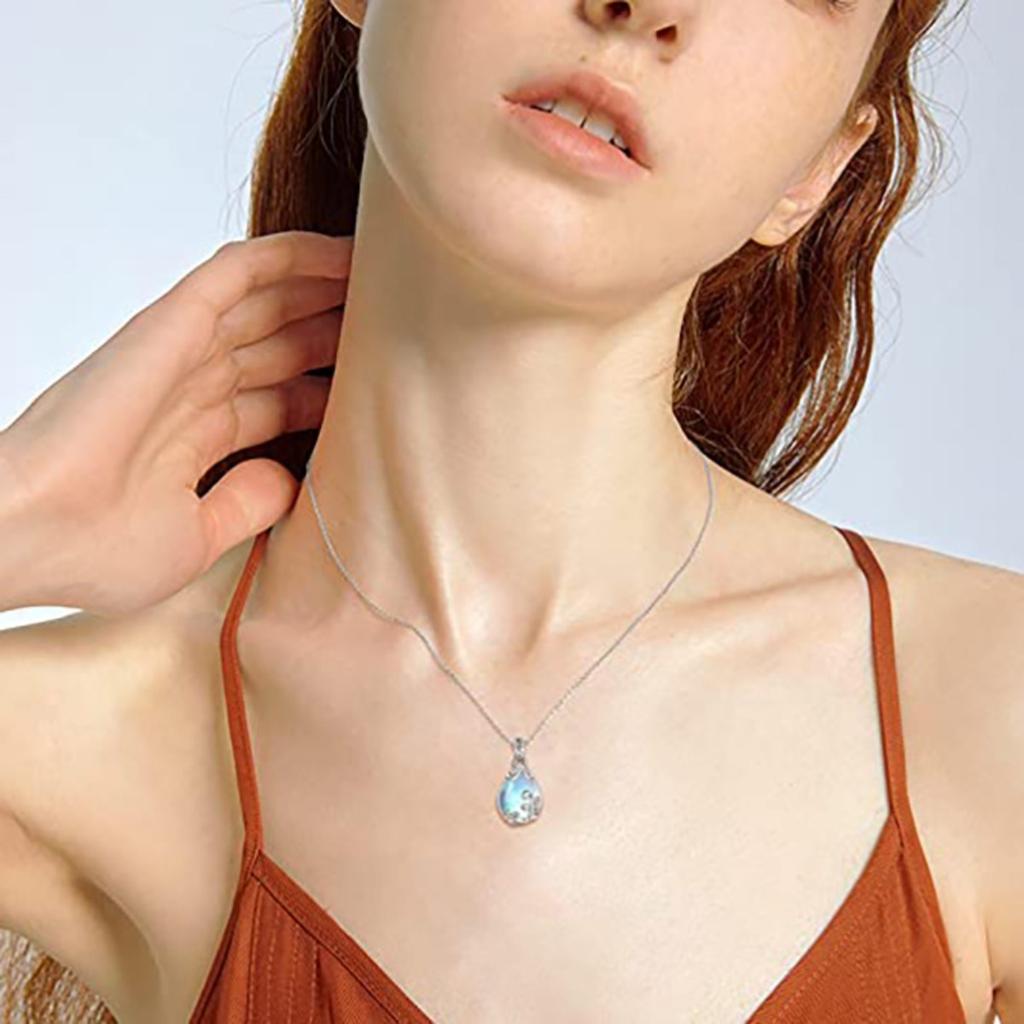 Vintage Scroll Filigree Teardrop Opalescent Stone Pendant Simple Cable Link Chain Women Boho Neck Jewelry