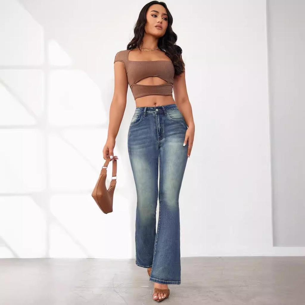 2025 Europäische Amerikanische Retro High Waist Slim Fit Schlagjeans für Damen