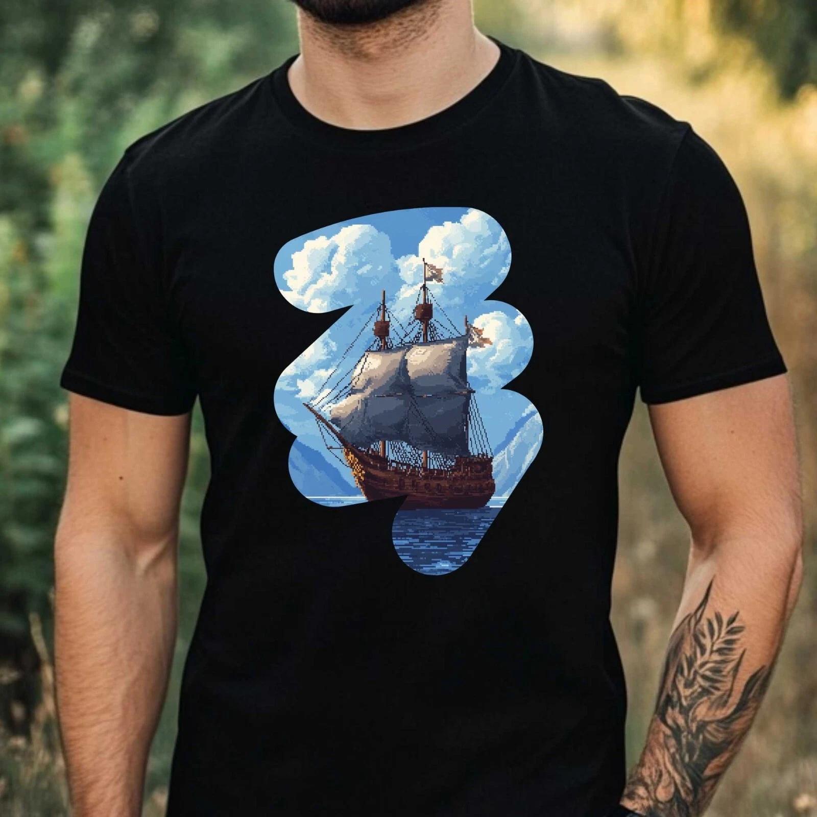 T-Shirt Herren Piratenschiff Pixel Art Motiv Baumwolle Größe XS bis 5XL XXL