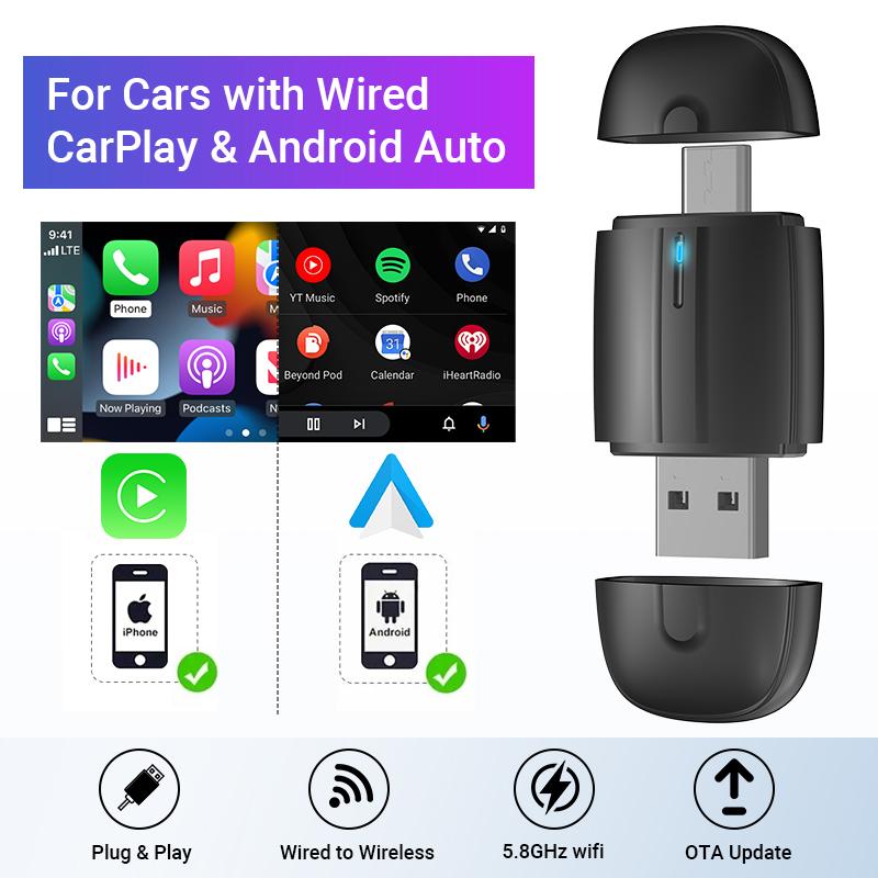 

New 2in1 Wired to Wireless CarPlay Adapter Android Auto Smart Dongle Mini Box Fast Connect Plug And Play For Toyota Mazda BENZ