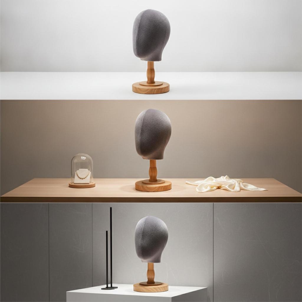Velvet Mannequin Head Professional with Wooden Base Stable PinReceptive Hairpiece