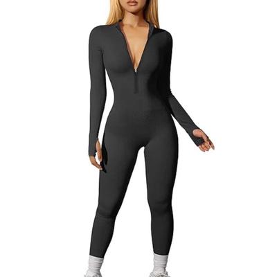 Women Long Sleeve Workout Jumpsuit Zip Up Romper Bottom Pants Bodysuit Bodycon Sexy Yoga Workout Ribbed Casual One Piece